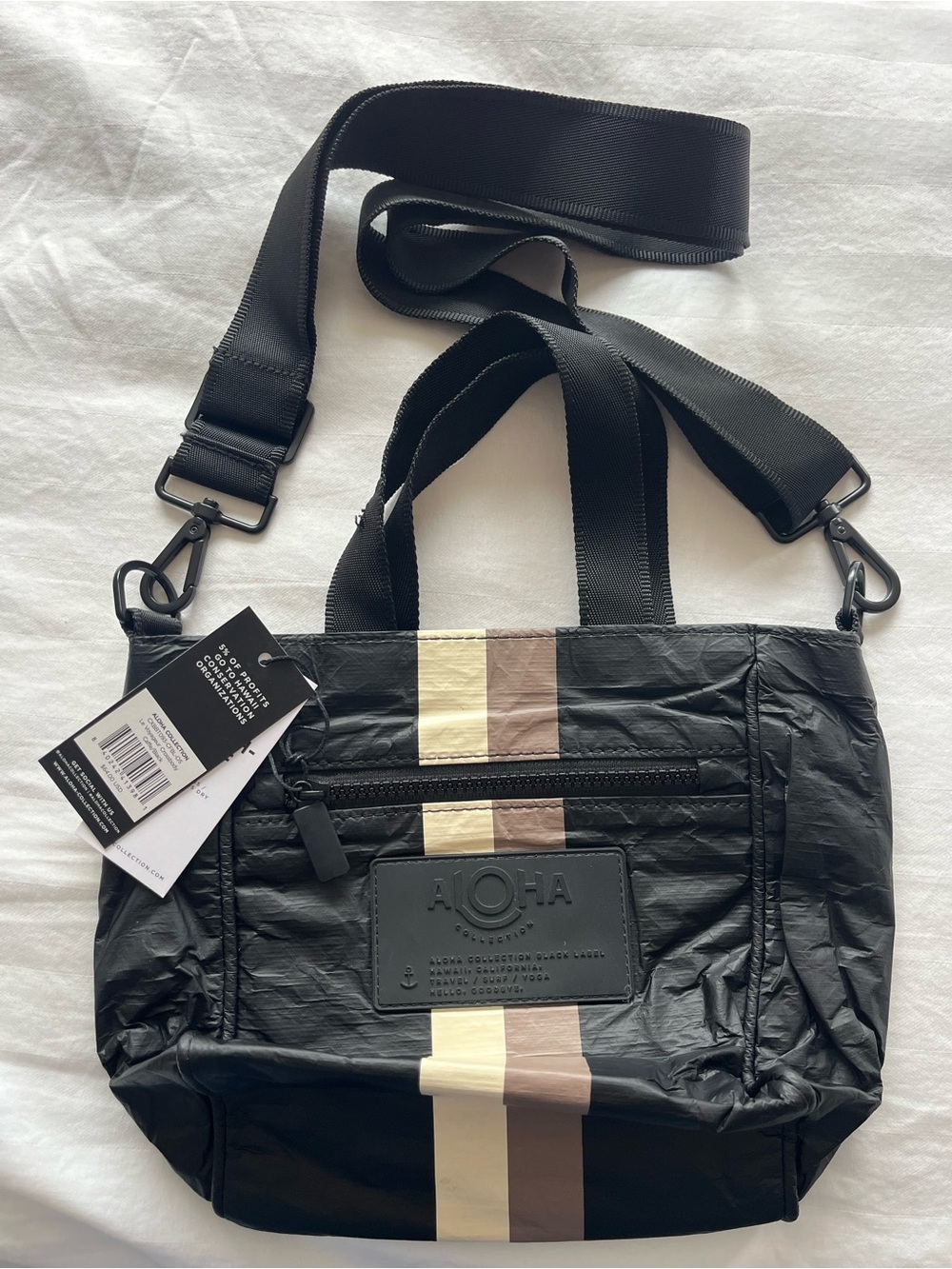 ALOHA Collection Black Tote with Cream and Tan Stripes